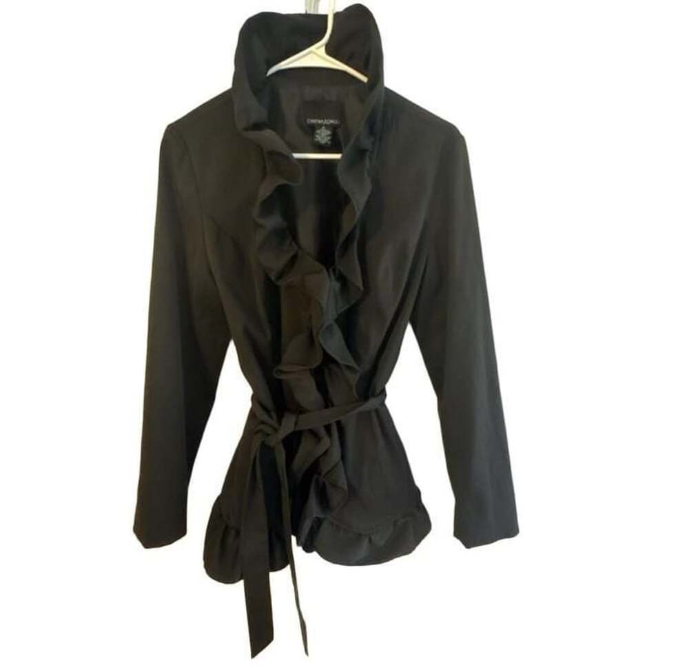 Cynthia Rowley Black Ruffle Front Jacket Blazer with Belt Size M